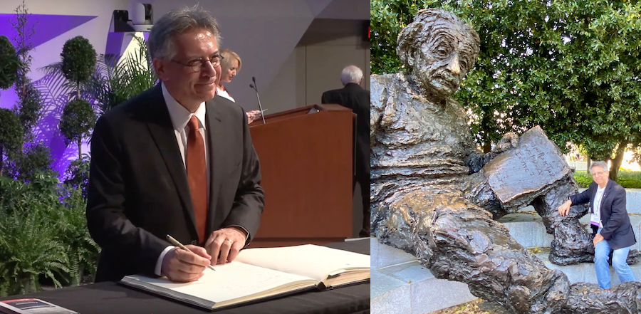 Graham Hatfull signing a book (left) and with a statue of Albert Einstein (right)
