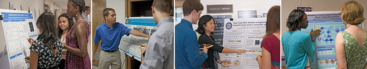A collage of students pointing at a science fair poster
